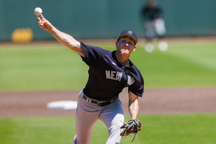 Pitching prospect Hayden Wesneski in a 2022 spring training outing with the Yankees before being dealt to Cubs.